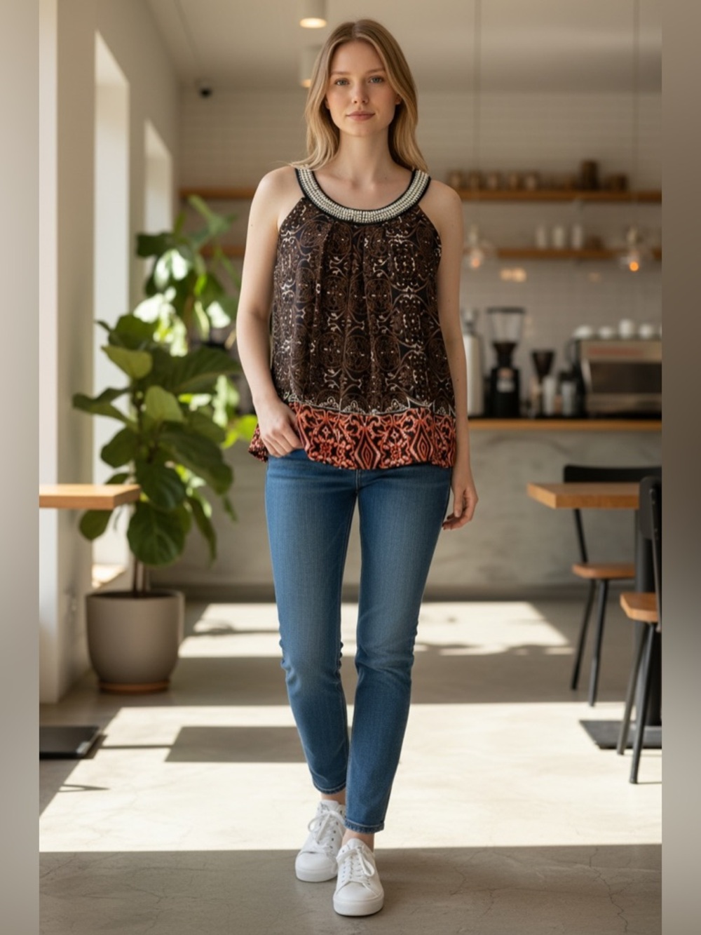 Zac & Rachel XL Sheer Beaded Blouse Brown Boho Print Sleeveless Lined Top